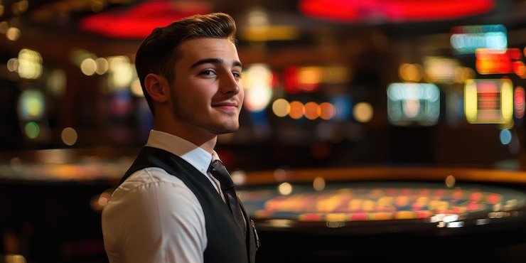 kacaslot live-dealer studio with professional lighting, multi-camera setup, and trained dealer